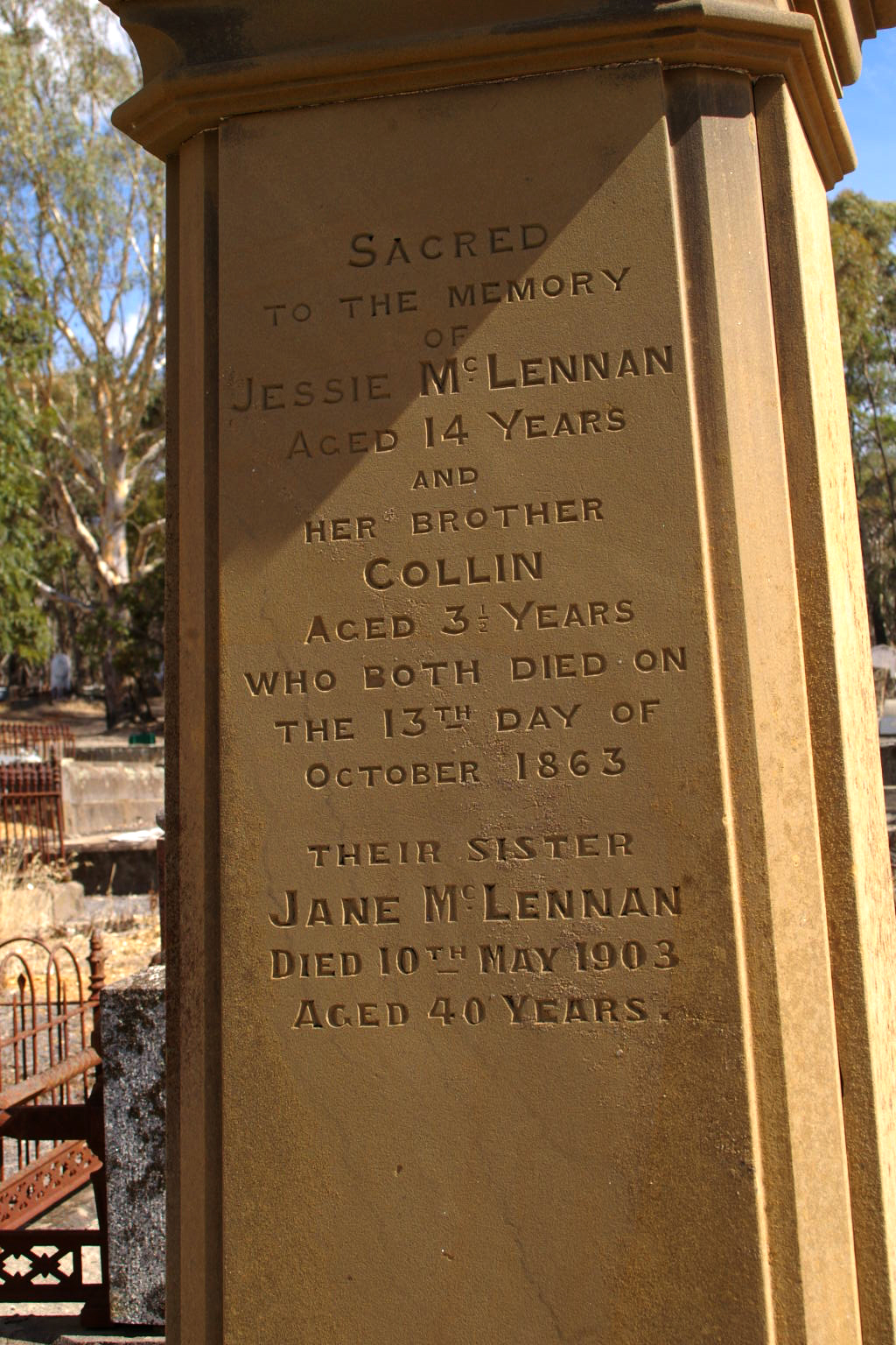 Photo of headstones/Jessie McLENNAN d1863 hdstn Clunes Vic &Collin, Jane 1
